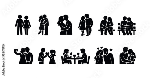 Collection of romantic couple icons depicting various loving interactions and relationships