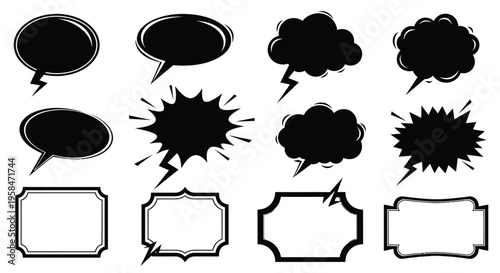 Collection of various black speech bubbles and comic book action effects