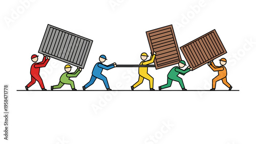 Collective Endeavor: A graphic illustration captures a group of workers collaborating to lift and move various containers, embodying teamwork and collective effort.