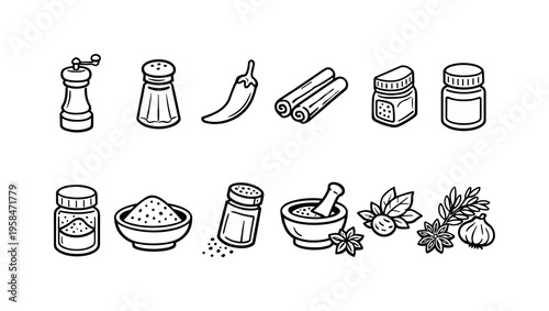 Collection of hand-drawn icons representing various spices and seasonings for cooking
