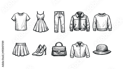 Hand-drawn collection of clothing and accessories for women, sketched on white