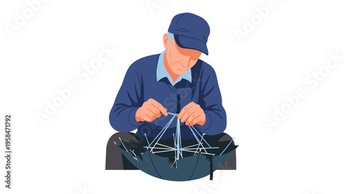 Umbrella Repair: An elderly craftsman meticulously repairs a broken umbrella, showcasing the art of craftsmanship and the value of repair.