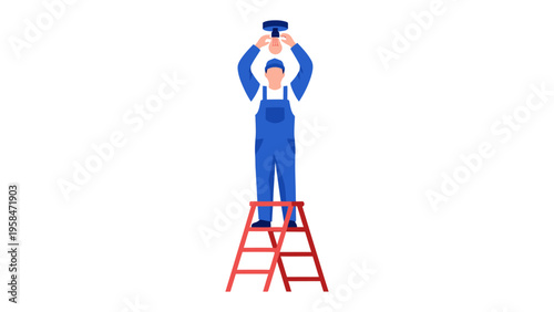 Electrician at Work: A skilled electrician stands atop a sturdy ladder, meticulously installing a light bulb with precision and expertise, illuminating the path forward.