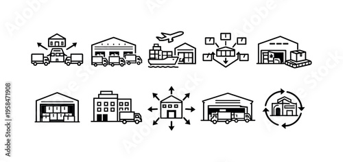 Logistics and supply chain icons showing distribution, transport, and warehousing operations