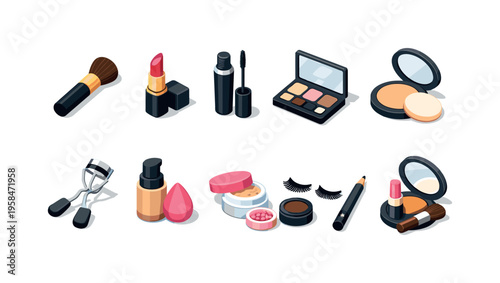 Collection of isometric makeup and beauty products arranged neatly on a white background