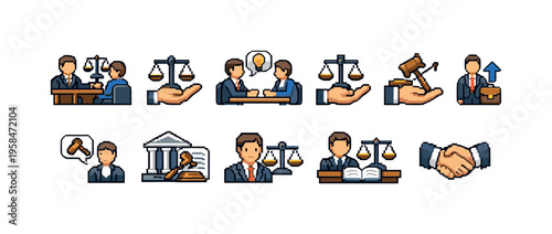 Pixel art icons representing legal concepts and courtroom proceedings