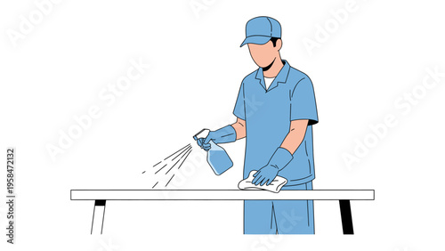 Cleaning Service in Action: A diligent individual, clad in professional attire, meticulously cleans a surface with a spray bottle and cloth, exemplifying sanitation and hygiene.