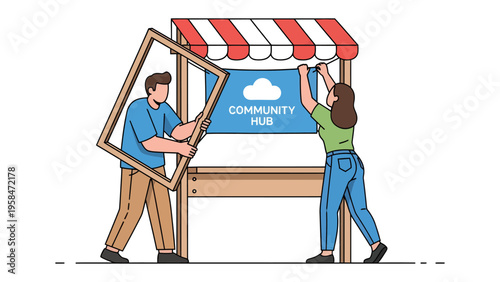 Building Community Hub: A collaborative scene unfolds as two individuals work together to assemble the sign for a community hub, symbolizing unity and connection.