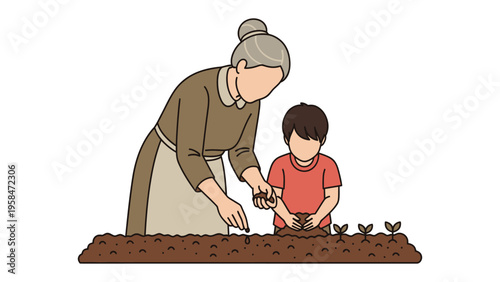 Nurturing Roots Together: A heartwarming scene depicts a grandmother and grandson working side-by-side, planting seeds in a garden, symbolizing the nurturing of life, the passing down of knowledge.
