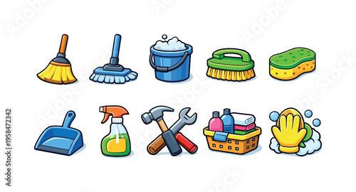 Collection of cartoon cleaning and repair tools and supplies