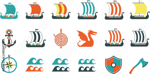 Viking Longship Icon Collection with Dragon Symbols, Norse Shields, Axes, and Nautical Compass for Historical Strategy Games, Mythical Branding, and Scandinavian Cultural Designs