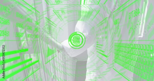 Green scanning overlay appearing and guiding engineer running safety scan along corridor railing