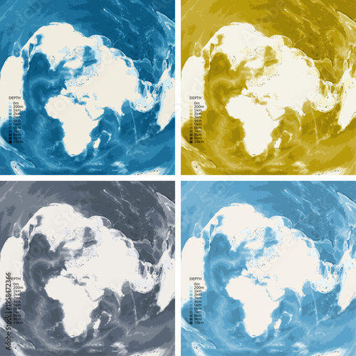 World from Moscow Bathymetric Ocean Depth Map - Azimuthal Equidistant Projection - Scalable Multi-Color Seafloor Relief Topography with Depth Legend Showing Continental Shelves Mid-Ocean Ridges and