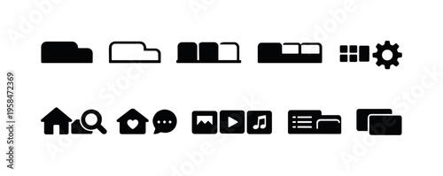 Collection of simple black icons representing common digital interface elements and actions