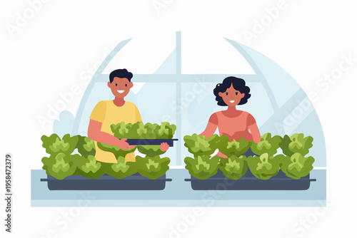 Couple tending to leafy greens inside a modern greenhouse structure