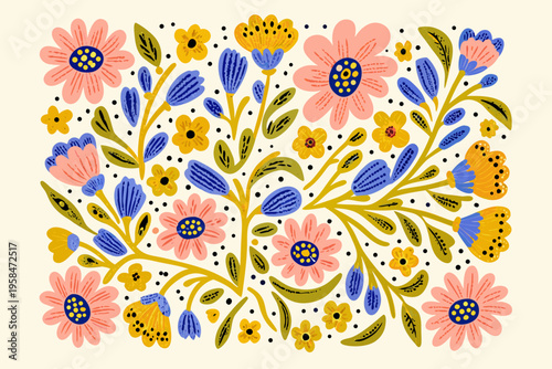 A vibrant floral arrangement featuring stylized blooms and leafy stems