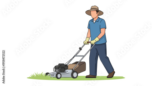 Mowing the lawn: A person is mowing the lawn. It is a sunny day and he is wearing gardening gloves, a hat and jeans