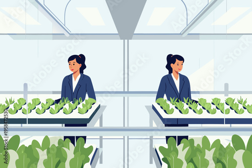 Two scientists examining leafy green plants in a modern greenhouse