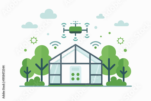 A drone surveys a greenhouse with trees under a cloudy sky