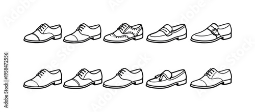 Collection of diverse men's dress shoes in a clean line art style