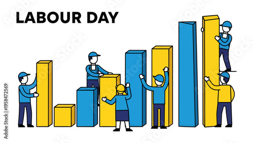 Labor Day Illustration: A dynamic illustration celebrates Labor Day, depicting dedicated individuals collaborating to build ascending bar graphs, symbolizing economic progress. 