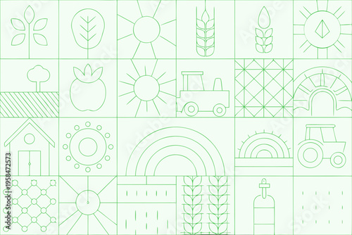 A green patterned tile set depicting various agricultural and rural themes