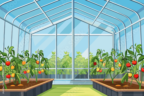 Inside a glass greenhouse with tomato plants and a bright blue sky
