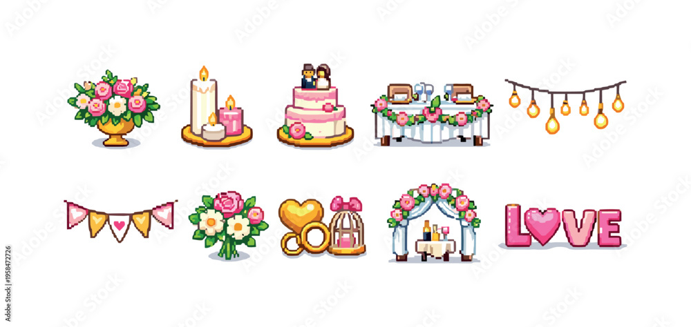 Fototapeta premium Pixel art wedding icons for celebration and romance, featuring cake and decor