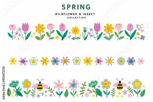 Colorful spring wildflower and insect collection with repeating floral borders