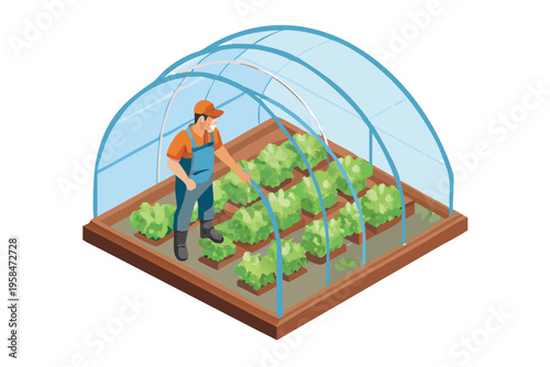 Isometric illustration of a gardener tending plants inside a small greenhouse