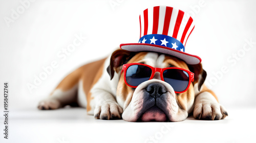 Bulldog wearing patriotic hat and sunglasses