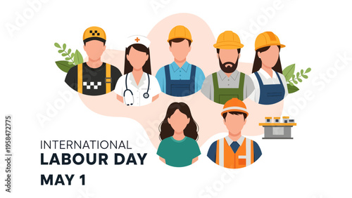 International Labour Day: A vibrant illustration honoring various professions, symbolizing the contributions of workers across industries, celebrating the spirit of labor on May 1st.