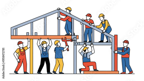 Building a Dream: A collaborative construction scene, showcasing workers meticulously assembling a structure, embodies the essence of teamwork and craftsmanship. The image suggests building new home