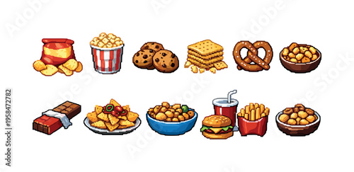 Pixel art collection of popular junk food items and snacks for digital design