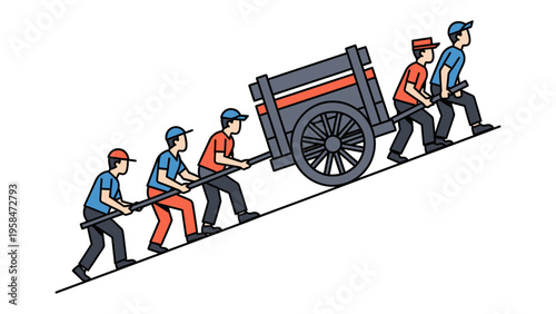 Teamwork and Endeavor: A determined team of individuals unite their strength, pulling a cart uphill, showcasing collaboration and perseverance.