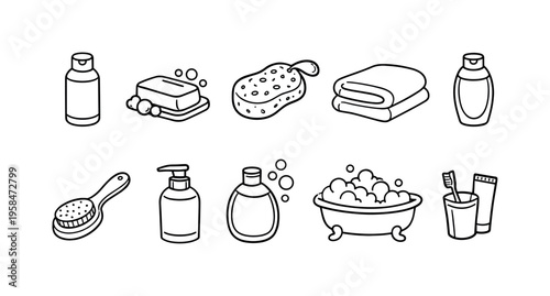 Collection of simple line art icons representing bathroom hygiene and bathing essentials