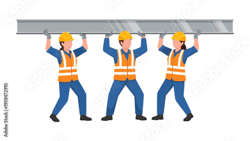 Construction Crew Collaboration: A trio of diligent construction workers demonstrates teamwork, lifting a heavy steel beam together with precision. This image encapsulates strength, cooperation.