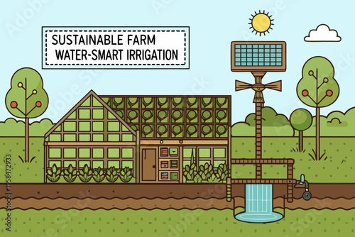 Illustration of a sustainable farm with greenhouse solar panel and irrigation