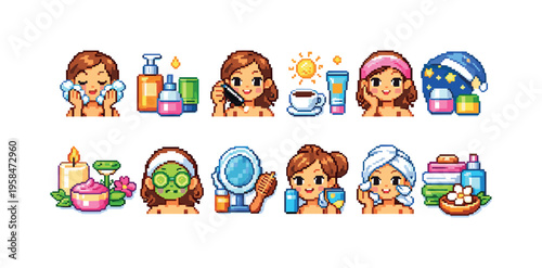 Pixel art collection of women performing various beauty and skincare routines