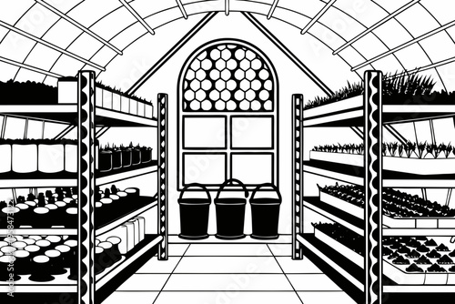 Inside a greenhouse with plant seedlings and milk jugs black and white