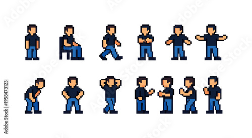 Pixel art character sprites showing various human poses and actions