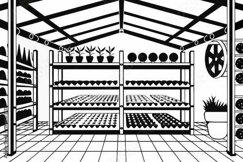 Black and white illustration of a greenhouse interior with plants and shelving