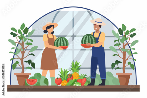 Farmers tending to watermelons and other produce in a greenhouse setting
