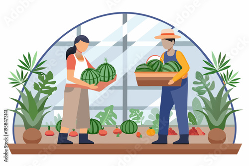 Farmers harvesting watermelons and other produce inside a greenhouse