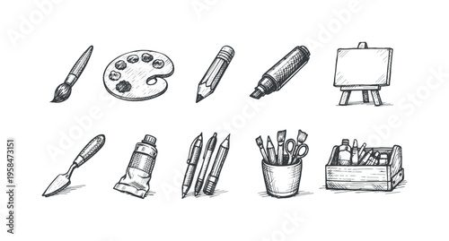 Collection of hand-drawn art supplies including brushes, paint palette, pencils, and easel