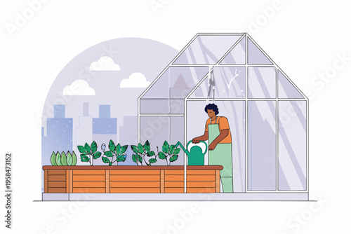 A gardener tending to plants inside a greenhouse with a city backdrop