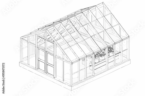 Architectural rendering of a modern glass greenhouse with a gable roof