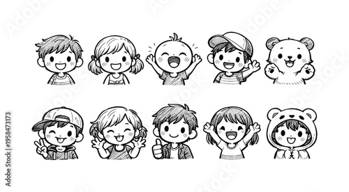 Collection of cute hand-drawn cartoon children and a bear character with happy expressions