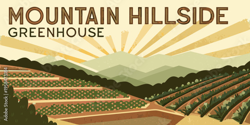 Vintage illustration depicts a greenhouse nestled on a mountainside