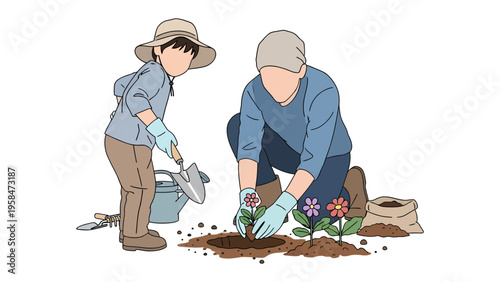 Blooming Bonds: A heartwarming scene unfolds as a grandmother and grandchild cultivate a garden together, planting vibrant flowers, symbolizing growth, care.